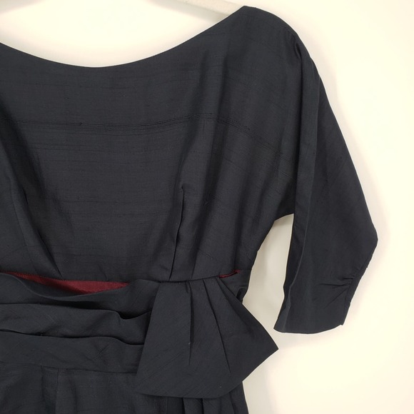 Vintage Miss Elliette Silk Shantung Wiggle Dress 00 Sheath Belted Bateau Navy - Picture 6 of 9